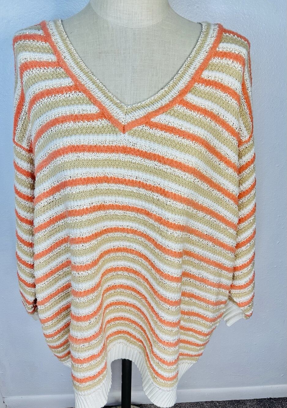 Isaac Mizrahi Live! Plus Knit Stripe V-neck Sweater With Sequin Accents 4X Peach